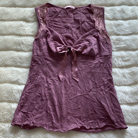 Dusty rose pink Lacey satin bow empire sleeveless tank top S M - Picture 8 of 12